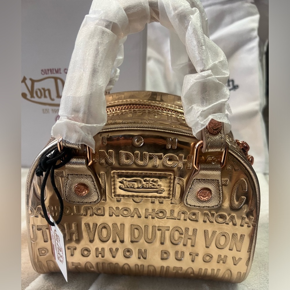 VON DUTCH ROSE GOLD REFLECTIVE BOWLING BAG w/ box, dusk bag, and crossbody strap
